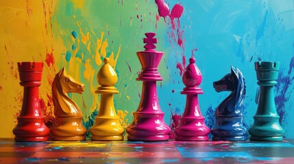 Poster - A dynamic splash of colorful paint with vibrant chess pieces like kings, queens, and pawns, symbolizing strategy, creativity, and the game of life