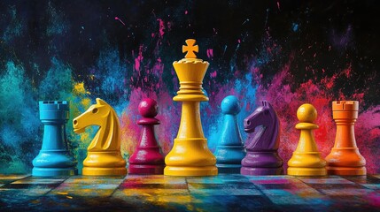Poster - A dynamic splash of colorful paint with vibrant chess pieces like kings, queens, and pawns, symbolizing strategy, creativity, and the game of life