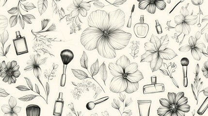 Poster - Black ink floral pattern featuring cosmetics bottles and leaves on a light beige background