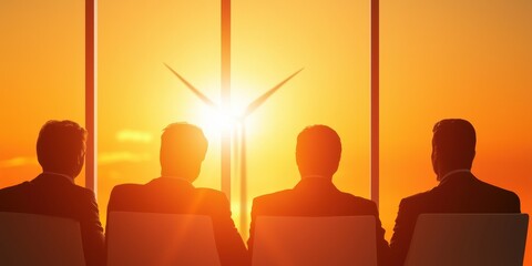 Aufkleber - Silhouetted figures against a vibrant sunset, witnessing a wind turbine, symbolizing renewable energy and collaboration.