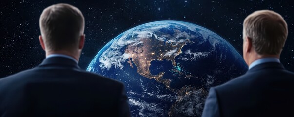 Aufkleber - Two individuals in suits gaze at Earth from space, symbolizing exploration, perspective, and the interconnectedness of humanity.