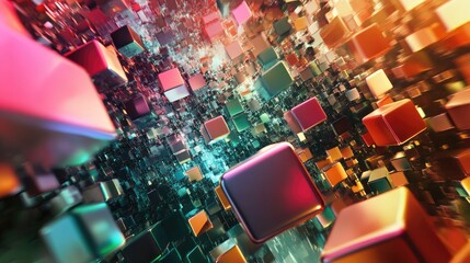 Poster - A futuristic 3D digital space filled with floating, colorful cubes, creating a dynamic and visually stimulating abstract composition