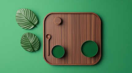 Aufkleber - A wooden tray with circular cutouts and a small round knob, accompanied by two green leaf decorations on a vibrant green background.