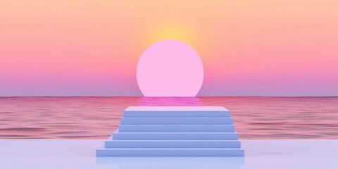 Poster - A serene scene featuring a large pink sun setting over calm waters, with soft pastel colors in the sky and steps leading to the water's edge.