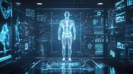 Poster - A futuristic medical interface featuring a digital human body surrounded by scientific health metrics, creating a high-tech and innovative atmosphere