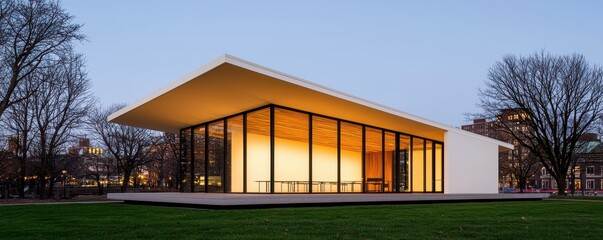 Aufkleber - A modern building with expansive glass walls and a striking roof design, illuminated beautifully at dusk amidst a landscaped area.