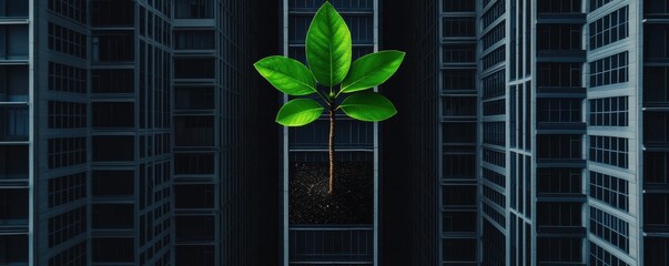 Poster - a vibrant green leaf emerges from a crack between dark skyscrapers, symbolizing nature's resilience 