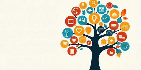 Poster - A stylized tree with colorful icons representing various concepts such as communication, finance, and lifestyle.