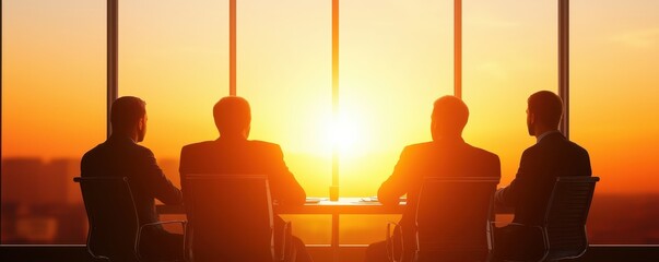 Fototapete - Silhouetted figures in a boardroom watching a sunset, symbolizing reflection and decision-making in a corporate environment.