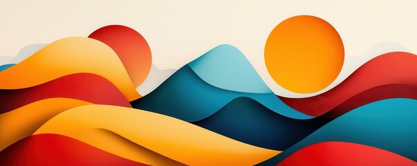 Poster - A vibrant, abstract landscape featuring rolling hills in warm colors, complemented by a bold sun against a light background.