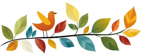 Poster - A vibrant illustration featuring a colorful bird perched on a branch adorned with autumn leaves in various shades.