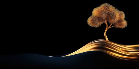 Poster - A solitary tree glows amidst flowing golden waves against a dark backdrop, creating a serene and mystical atmosphere.