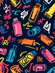 Poster - Colorful spray paint cans and scribbled art on a dark blue background depicting an artistic and creative design. The cans are in various colors and orientations