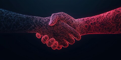 Aufkleber - A digital illustration of two hands engaged in a handshake, representing collaboration, partnership, and unity through a network of colorful dots.