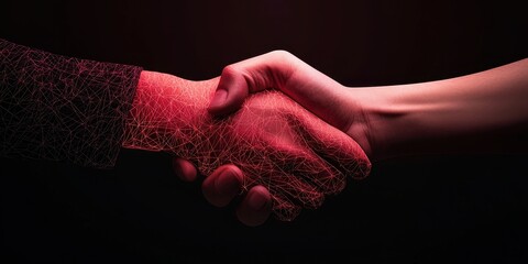 Aufkleber - A close-up of two hands shaking, depicted with a digital, glowing effect against a dark background, symbolizing agreement or partnership.