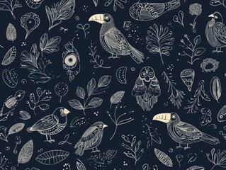 Poster - Dark patterned background with drawn birds leaves and branches detailed illustration design