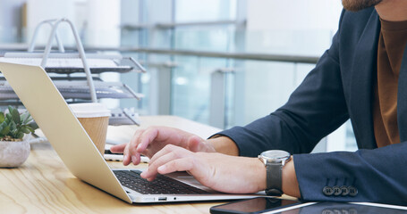Aufkleber - Laptop, typing and hands of business person in office for client portfolio, investment banker and planning. Financial advisor, capitol report and profit with closeup of employee for research