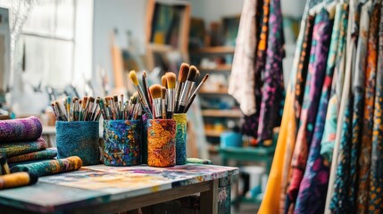 Aufkleber - A lively art studio showcasing vibrant fabrics, brushes, and palettes, surrounded by tools, offering a colorful and artistic environment for creators