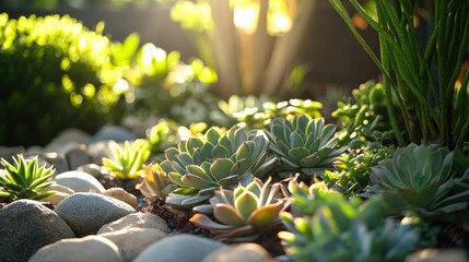 Aufkleber - A lush succulent garden illuminated by sunbeams, with decorative rocks in the background, creating a peaceful and natural outdoor setting