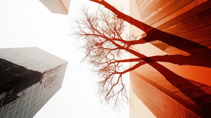 Aufkleber - A striking image of a leafless tree silhouetted against towering skyscrapers, creating a dramatic interplay of nature and urban architecture.