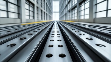 Poster - A detailed close-up of metallic lines running parallel, creating a lively pattern with depth and texture, contrasted against a dark backdrop
