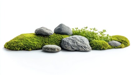 Poster - A natural scene featuring green moss and decorative rocks, isolated on a white background, showcasing texture and organic beauty in a minimalist setting