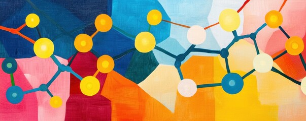 Poster - A vibrant abstract artwork featuring colorful molecular structures against a bold, geometric background.