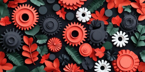 Poster - A vibrant arrangement of colorful gears and floral shapes, featuring red, black, white, and green elements, creating a striking visual display.