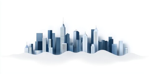 Poster - A stylized skyline featuring tall buildings in shades of blue against a white backdrop, evoking a modern urban atmosphere.
