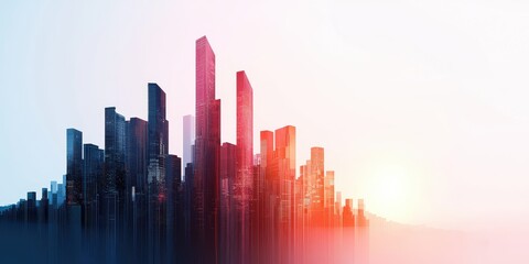 Aufkleber - A vibrant city skyline at sunset, featuring tall buildings with a blend of blue and red hues, capturing an urban atmosphere.