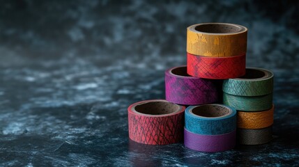 Poster - A set of decorative textured adhesive tape rolls in different shades, stacked on a dark surface, ideal for design projects and creative endeavors