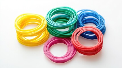 Poster - A set of multi-colored rubber bands arranged neatly on a white background, ideal for use in crafts, office organization, or as creative props