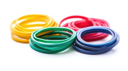 Poster - A set of multi-colored rubber bands arranged neatly on a white background, ideal for use in crafts, office organization, or as creative props