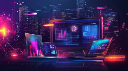 Leinwandbilder - Modern futuristic cityscape with neon data screens and glowing vibrant digital displays night light