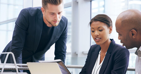 Aufkleber - Document, business people and team in meeting for ideas, brainstorming or problem solving. Collaboration, paper and planning for investment discussion, economy report or financial strategy in office