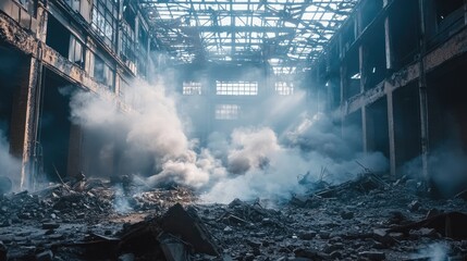 Aufkleber - A smoky interior of a demolished industrial building with dust and debris floating in the air, showcasing the aftermath of a building collapse
