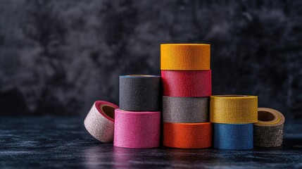 Poster - A stack of stylish textured adhesive tape rolls in various colors, placed against a dark background, perfect for creative projects and DIY crafts