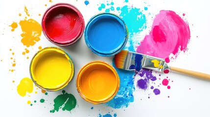 Poster - A top view of colorful paint buckets with a paintbrush and spilled dye, isolated on white, perfect for illustrating creativity and DIY projects