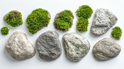 Poster - A top-down view of lush green moss surrounded by decorative rocks, set against a clean white background, highlighting the natural textures