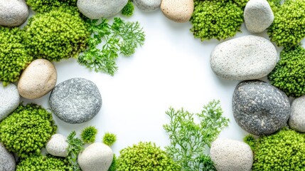 Poster - A top-down view of lush green moss surrounded by decorative rocks, set against a clean white background, highlighting the natural textures