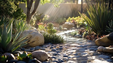 Aufkleber - A tranquil succulent garden with sunlight streaming down, casting long shadows on the decorative rocks, creating a soothing and lush outdoor scene