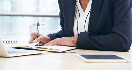 Aufkleber - Notebook, planning and research with hands of employee in office for client portfolio, investment banker and writing. Financial advisor, capitol report and profit with budget of business person