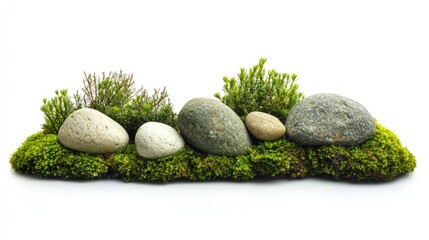 Poster - A vibrant arrangement of green moss and smooth decorative rocks, isolated on a white background, creating a serene and natural aesthetic