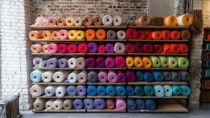 Poster - A vibrant display of colorful fabric rolls arranged neatly on wooden shelves in a modern textile shop, set against an industrial brick wall backdrop