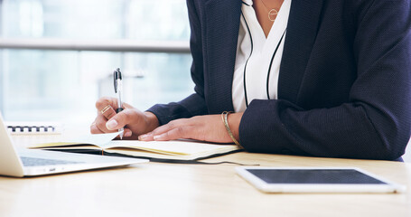 Aufkleber - Writing, typing and research with hands of employee in office for client portfolio, investment banker and planning. Financial advisor, capitol report and notebook with closeup of business person