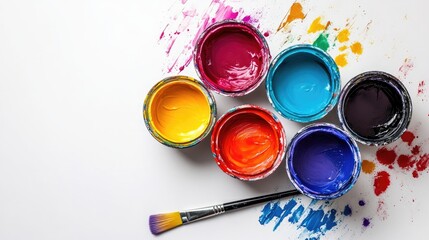Poster - A vibrant top-down view of open paint buckets with colorful dye spilling out, a paintbrush lying next to them, isolated on white for an artistic feel