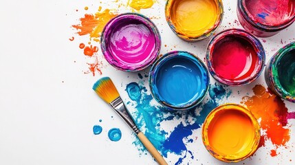 Poster - A vibrant top-down view of open paint buckets with colorful dye spilling out, a paintbrush lying next to them, isolated on white for an artistic feel