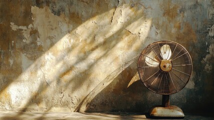 Poster - A vintage electric fan sitting against a rough, distressed wall, with subtle sunlight streaming in, creating a nostalgic and rustic industrial vibe