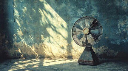 Poster - A vintage electric fan sitting against a rough, distressed wall, with subtle sunlight streaming in, creating a nostalgic and rustic industrial vibe