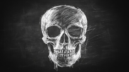 Aufkleber - A white chalk skull icon hand-drawn on a blackboard with visible texture, giving the image a grunge and raw artistic look, isolated on a dark backdrop